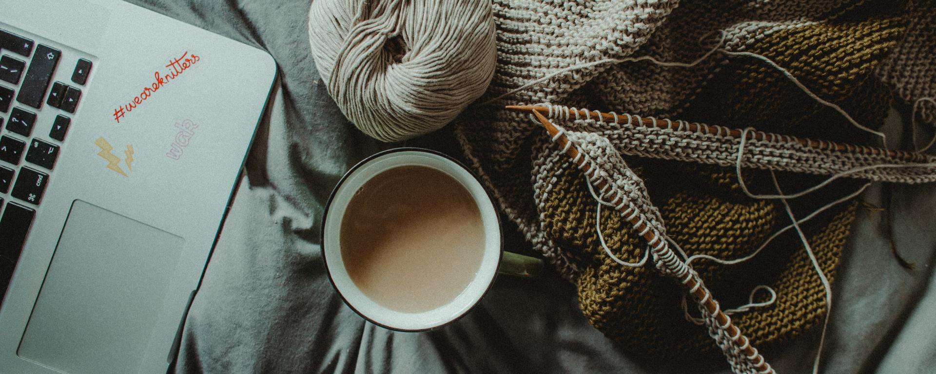 laptop, coffee, knitting