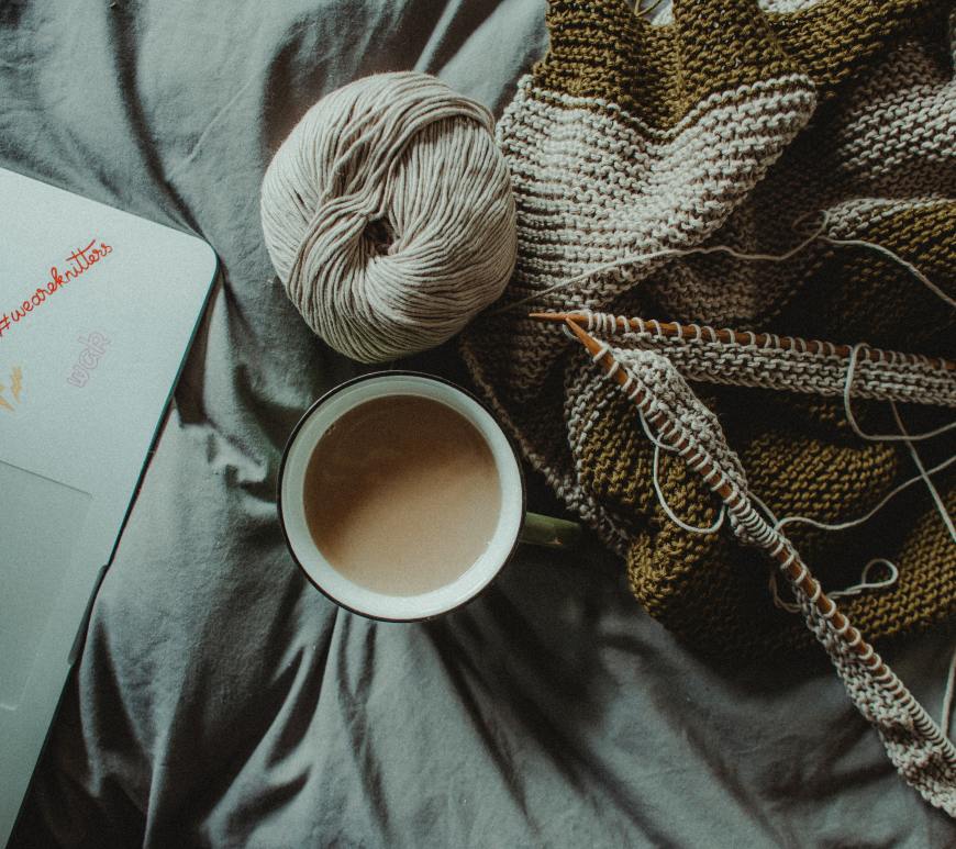 laptop, coffee, knitting