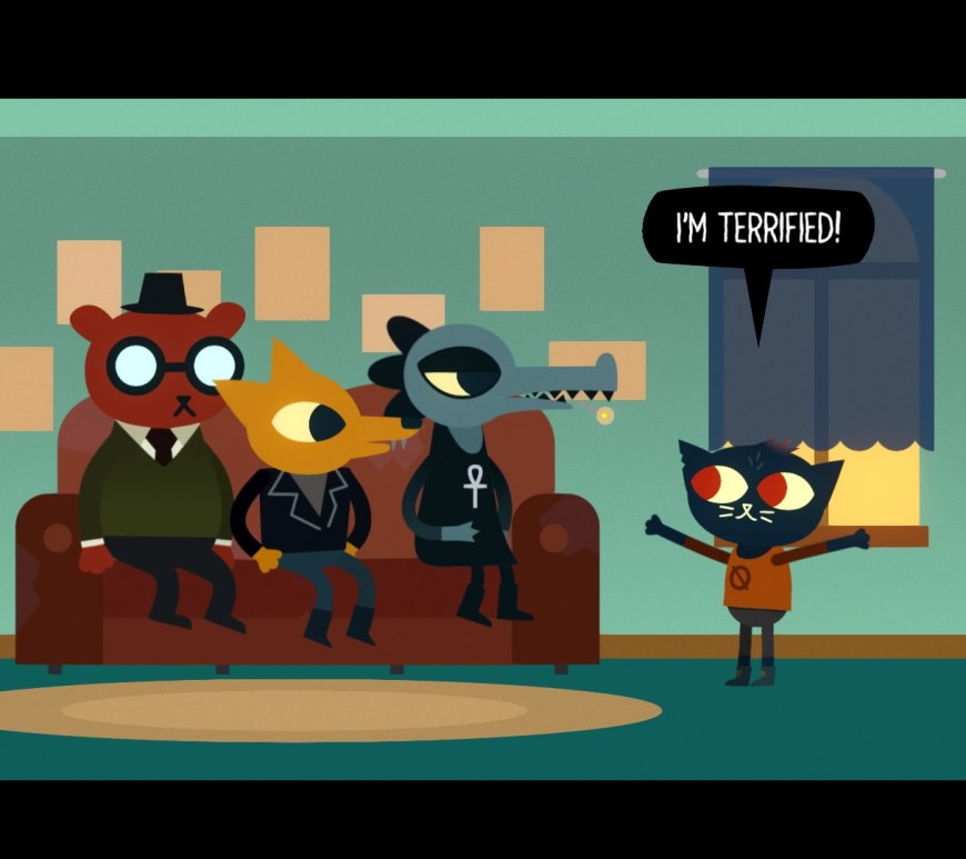 image from night in the woods video game where angus, gregg, and bea are sitting on the couch and mae is standing next to them saying "im terrified"