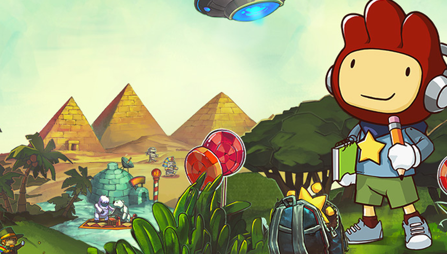 maxwell standing on a cliff overlooking palm trees, pyramids, and an igloo holding his notebook and pencil