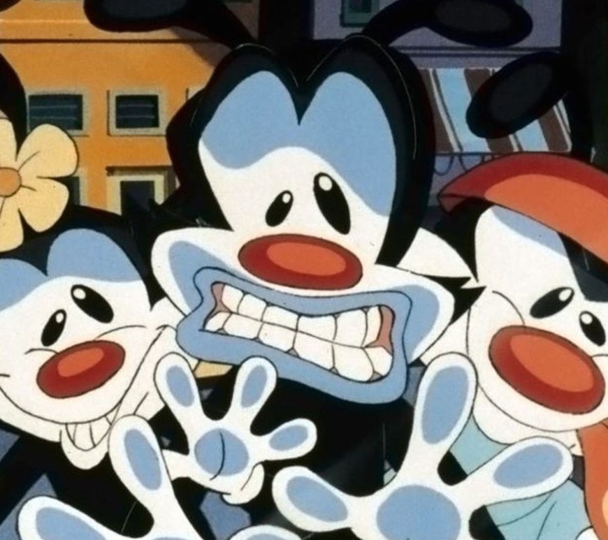 image from the show animaniacs where yakko, wacko, and dot have their faces smushed against the glass