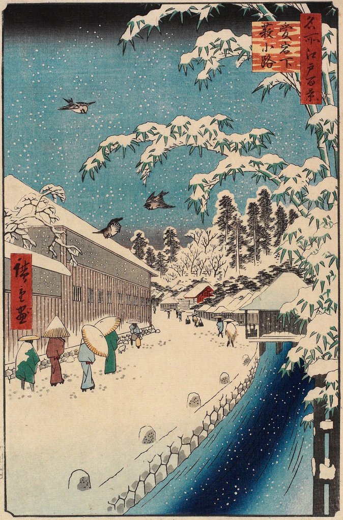 woodblock print of people walking in the snow on a road next to a river while birds fly overhead