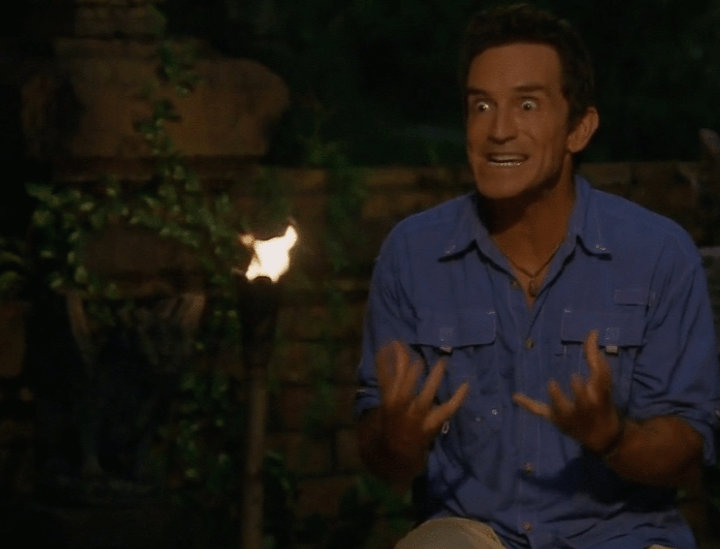 jeff probst making a wide-eyed face and holding his hands up