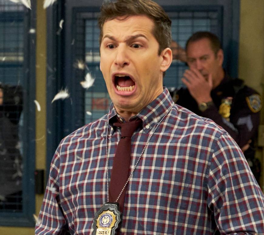 jake peralta from brooklyn 99 looking upset with bird feathers flying around